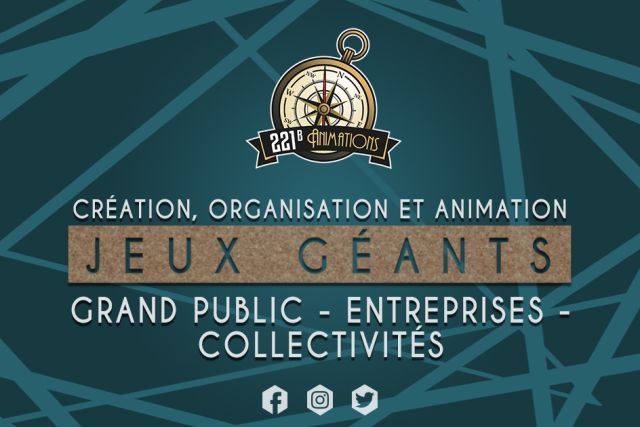 Logo de 221B Animations – Jeux Géants à Dijon avec compas vintage sur fond turquoise