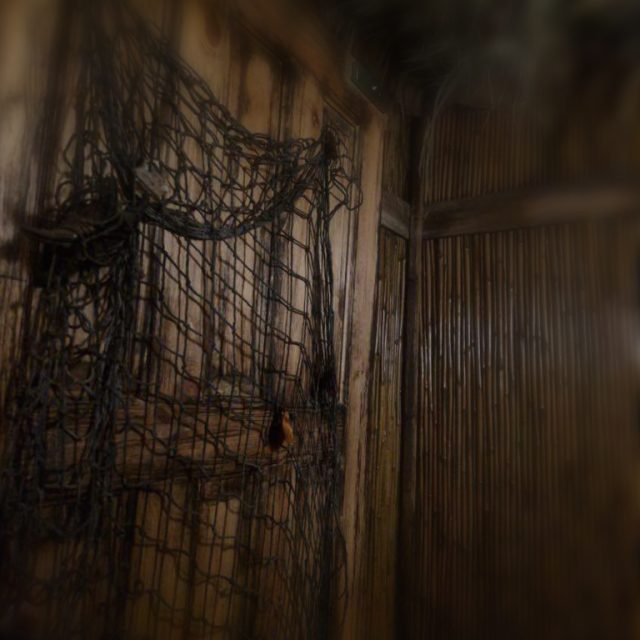 Grille et rideau de filet dans un couloir brun flou, décor de la salle Le repaire des pirates, One O'Clock