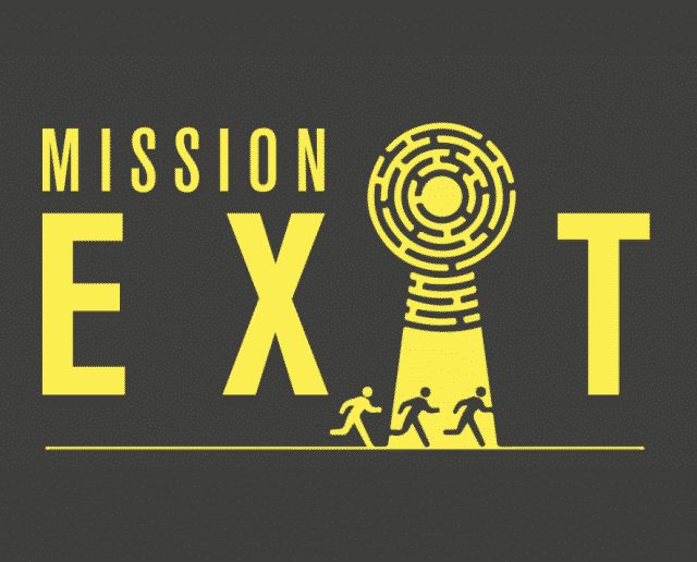 Logo de Mission Exit, escape game à Montpellier, avec trois silhouettes sous un rayon lumineux jaune