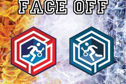 Titre Face Off avec deux emblèmes hexagonaux rouge et bleu sur fond de flammes et de glace, America's Escape Game