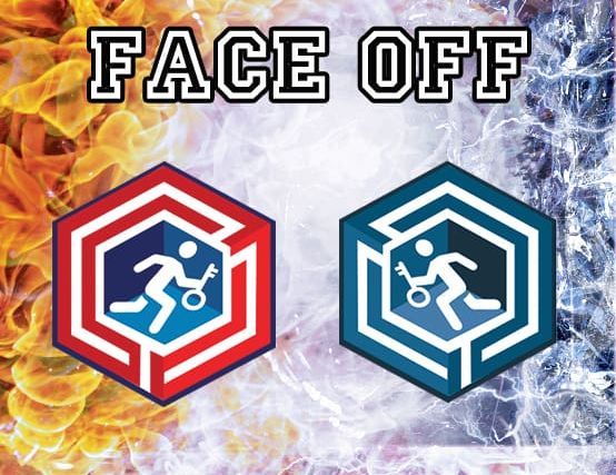 Titre Face Off avec deux emblèmes hexagonaux rouge et bleu sur fond de flammes et de glace, America's Escape Game