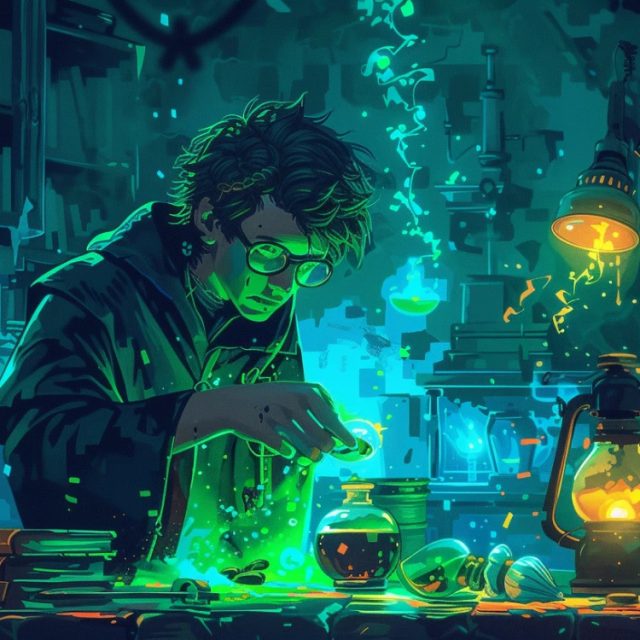Alchimiste penché sur des fioles aux lueurs vertes, lanterne à droite, salle L'Elixir Perdu chez Smart Escape Game