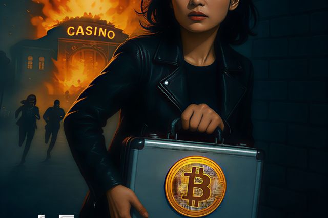 Femme en blouson noir tenant une mallette frappée d'un bitcoin devant un casino en flammes