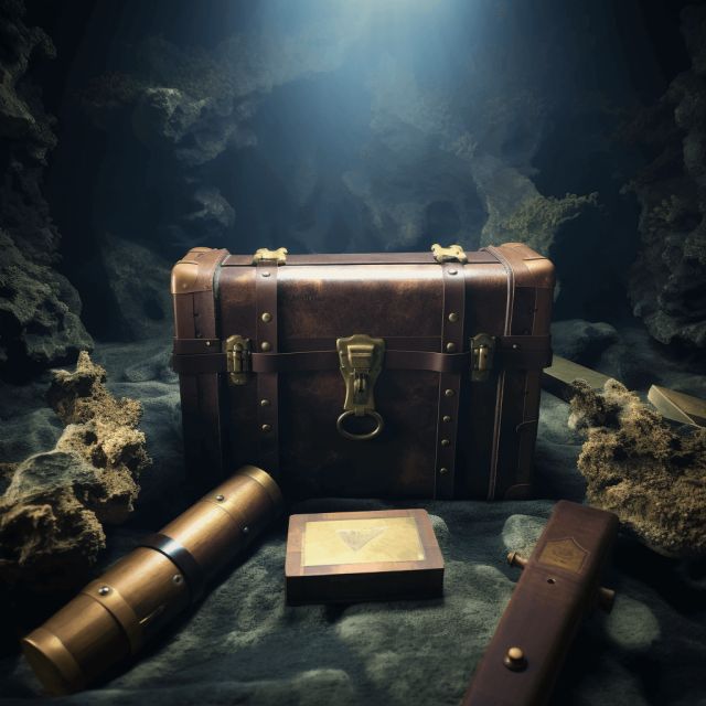 Malle en cuir fermée posée au fond de l'eau, Le mystère du serpent d'or chez Ilusiom