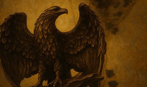Aigle aux ailes déployées sculpté sur fond doré, salle Les secrets d'Excalibur chez Tempus à Bayonne