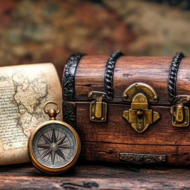 Carte ancienne, boussole et coffre en bois à fermoirs dorés, salle Sur les traces du magicien chez Magicbus à Potelle