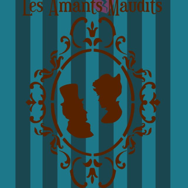 Deux silhouettes de profil dans un cadre baroque sur fond rayé bleu, Les amants maudits