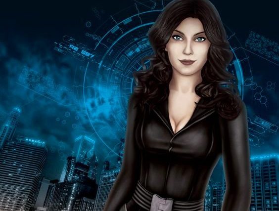 Affiche Opération Mindfall : femme brune en tenue noire sur fond de ville bleue, Turing Escape Game à Guérande