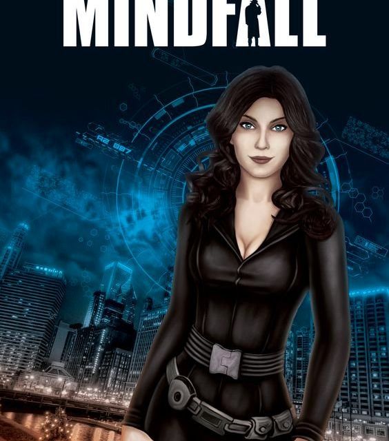 Affiche Opération Mindfall : femme brune en tenue noire sur fond de ville bleue, Turing Escape Game à Guérande