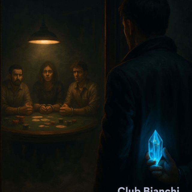 Affiche sombre de joueurs attablés sous une lampe, légende Club Bianchi, salle Mafia Bianchi chez Limitless Adventure