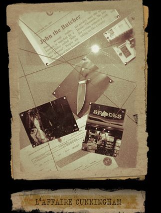 Collage vintage avec documents, photographies et indices sur l'affaire Cunningham chez Get Out Lille