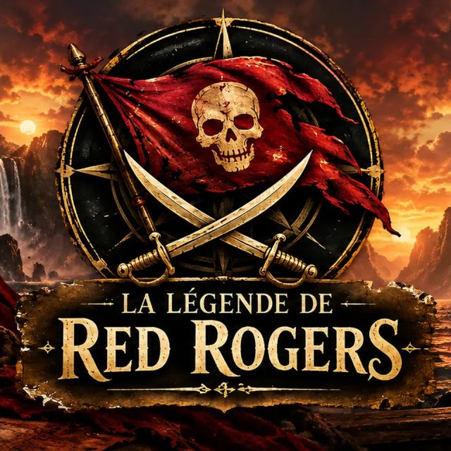 Pavillon pirate rouge et or avec crâne, sabre croisé sous ciel embrasé dans La Légende de Red Rogers