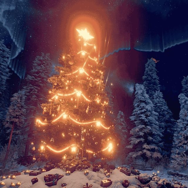Grand sapin de Noël orné de guirlandes lumineuses dans une forêt enneigée sous aurore boréale, salle Christmas chez Inoui VR