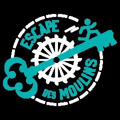 Logo de Escape des Moulins, escape game à Pont-de-Ruan, clé stylisée turquoise et personnage en action