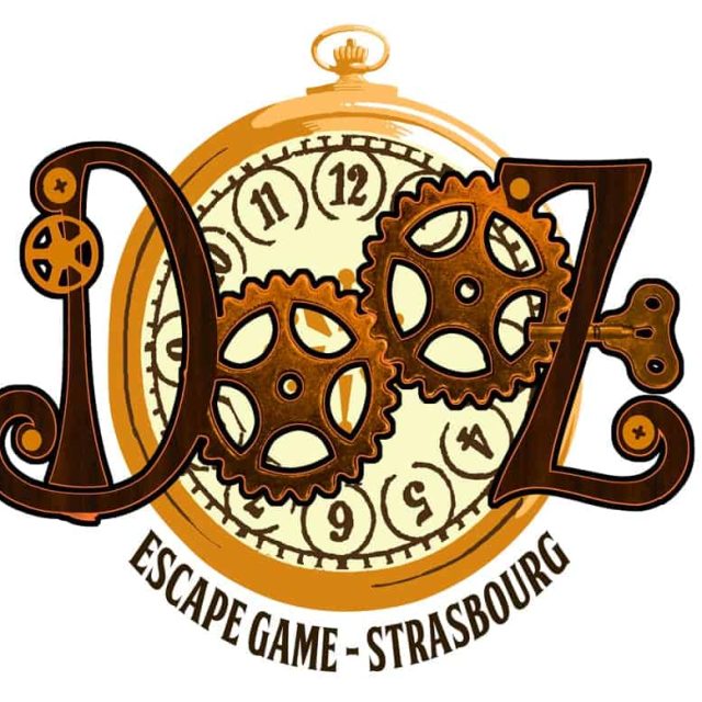 Logo de Dooz, escape game à Strasbourg, avec montre, engrenages et chiffres steampunk