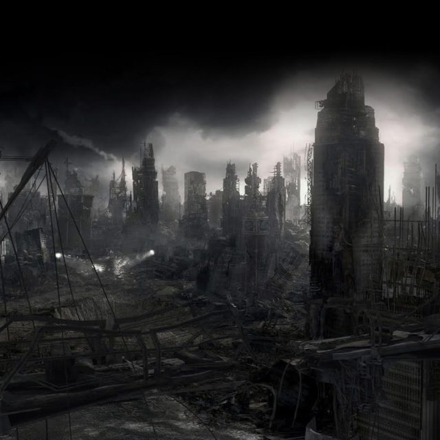 Métropole détruite en ruines grises sous un ciel apocalyptique chez Zombie Cure