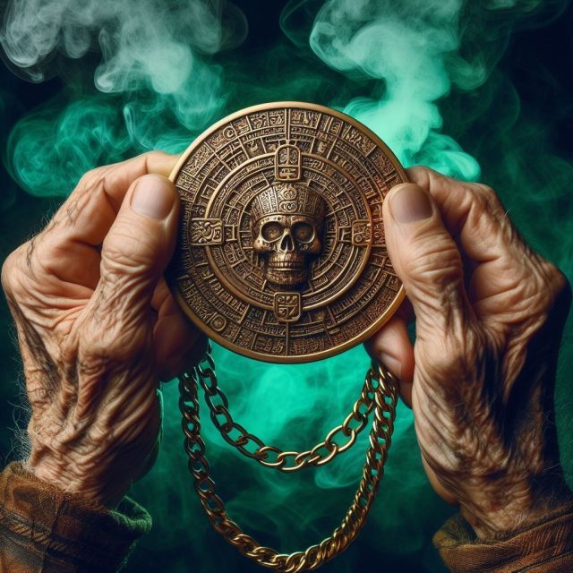 Mains âgées tenant une médaille à tête de mort au bout d'une chaîne, fumée verte, salle Le trésor de Barbe Noire