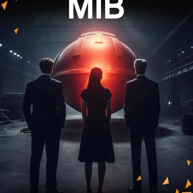 Trois silhouettes en costume face à une sphère rouge, salle MIB à Crolles