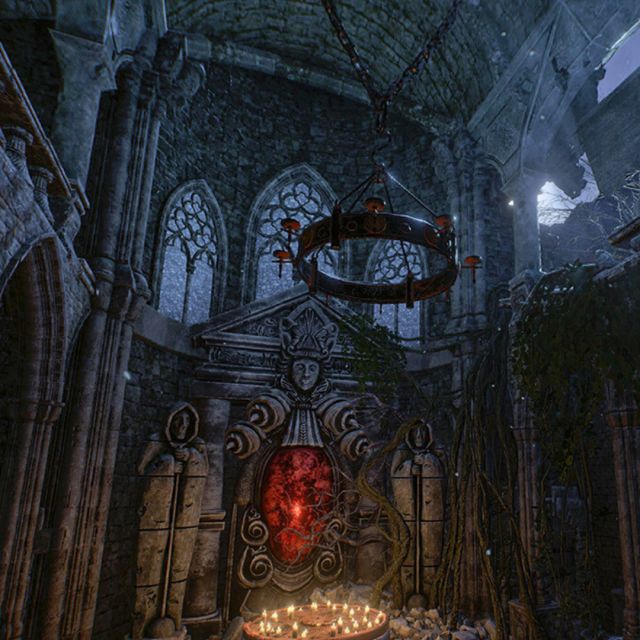 Chœur d'église gothique éclairé de bleu, lustre suspendu et masque rouge lumineux, salle Sanctum chez Inoui VR