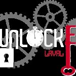 Logo Unlocked Laval : rouages gris, clé rouge et lettres blanches sur fond blanc, escape game à Laval