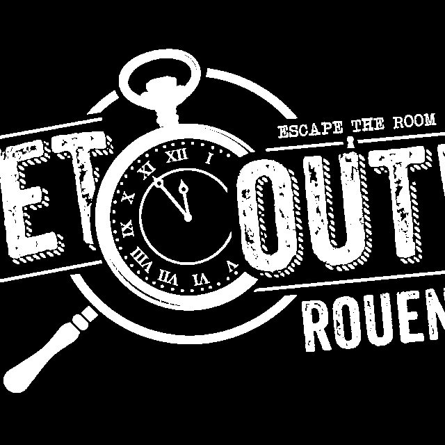 Logo de Get Out Rouen, escape game à Rouen avec loupe et montre vintage