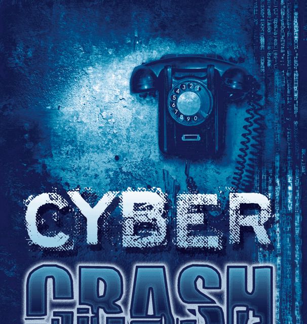 Visuel bleu glacé d'un téléphone ancien et du titre Cyber Crash, salle chez MindQuest Escape Games