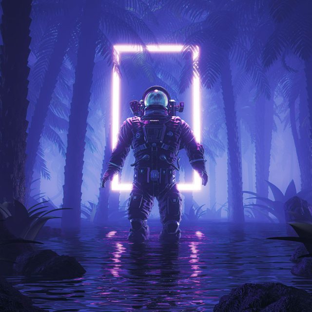 Astronaute devant un cadre lumineux violet dans une forêt brumeuse, visuel de LockedUp à Lieusaint