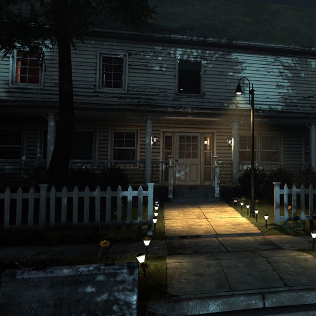Maison américaine à clôture blanche et véranda éclairée la nuit, jeu House of Fear Cursed Souls chez Inoui VR à Lille