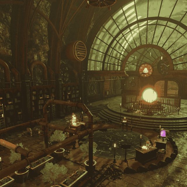 Vaste salle d'observatoire aux grandes verrières et à l'éclairage vert, salle Escape The Worlds chez Inoui VR