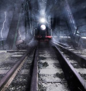 Train fantôme dans un décor de gare apocalyptique, ambiance sombre et tempétueuse