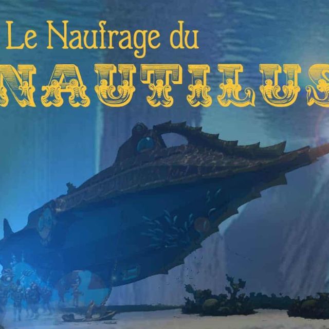 Sous-marin à hublots dans des eaux bleues, titre doré Nautilus, salle Le naufrage du Nautilus, Escape Quest à Angoulême
