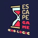 Logo de Escape Game Oeno-Logic Blaye à Plassac, sablier stylisé fond bleu marine