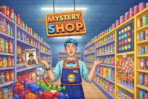 Epicerie colorée avec vendeur en uniforme bleu, rayons de produits et logo The Mystery Shop