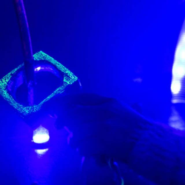 Cadre lumineux vert dans un décor bleu électrique, salle La reine rouge chez Wood Escape à Locquignol