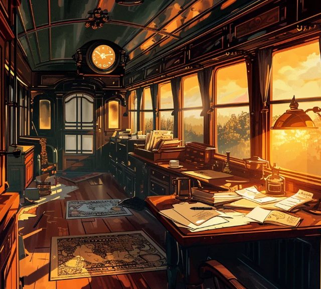 Wagon-bureau aux grandes fenêtres, cartes et papiers sur les tables, salle Enquête à bord de l'Orient-Express