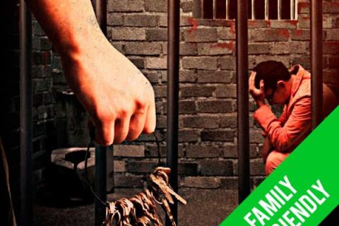Main tenant les barreaux d'une cellule et prisonnier assis, bandeau Family friendly, salle Wrongfully Accused, Lock down Sahara