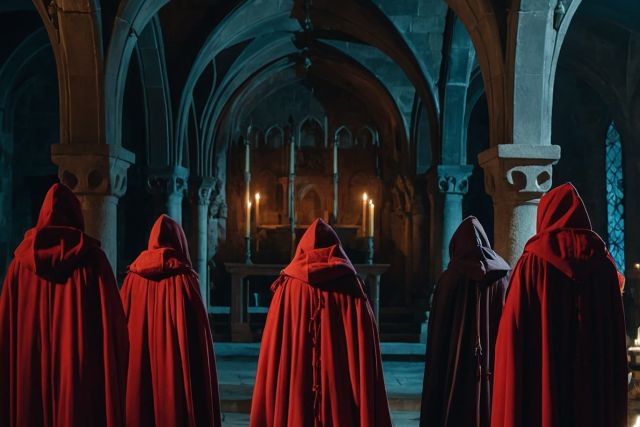 Quatre silhouettes en capes rouges dans une crypte voûtée, salle La Menace des Loups chez Wolf Gang à Paris