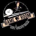 Logo de Game of Room, live escape game à Villeurbanne : homme en costume courant devant une horloge sous un ruban