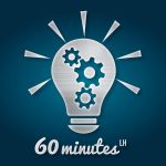 Logo de 60 minutes LH, escape game au Havre : une ampoule à engrenages argentés sur fond bleu