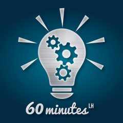 Logo de 60 minutes LH, escape game au Havre : une ampoule à engrenages argentés sur fond bleu