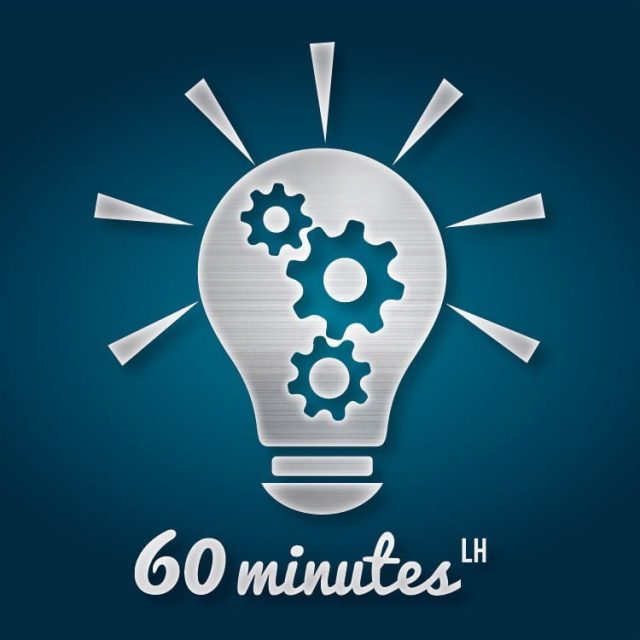 Logo de 60 minutes LH, escape game au Havre : une ampoule à engrenages argentés sur fond bleu
