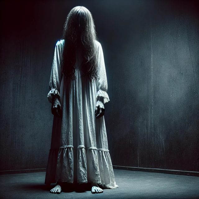 Fillette aux longs cheveux noirs en robe pâle dans une pièce sombre, salle Esprit es-tu là chez Riddle Room à Nice