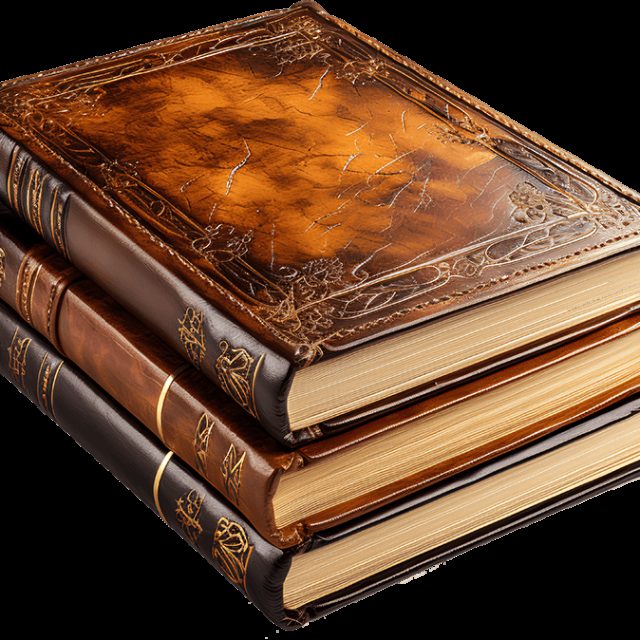 Pile de trois vieux livres reliés de cuir, salle Le trésor de Marius à Saint-Étienne