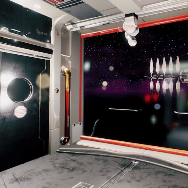 Intérieur de vaisseau blanc avec hublot ouvrant sur l'espace étoilé, salle Mission Space Pirates, The Room à Saint-André-de-Cubzac
