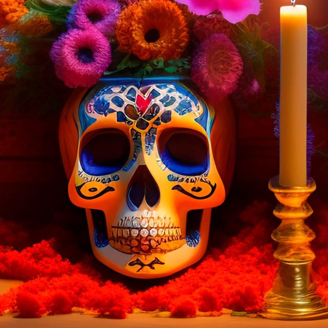 Crâne mexicain peint aux couleurs vives entouré de bougies et de fleurs, salle Fiesta de los muertos à Vezin-le-Coquet
