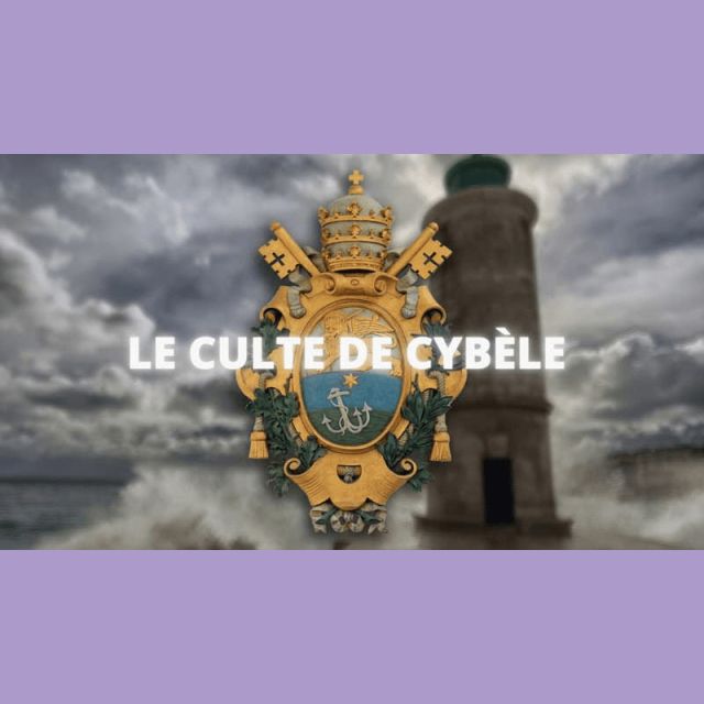 Blason doré sur ciel d'orage devant un phare, titre Le culte de Cybèle sur bandeau violet, Hunting Town à Marseille