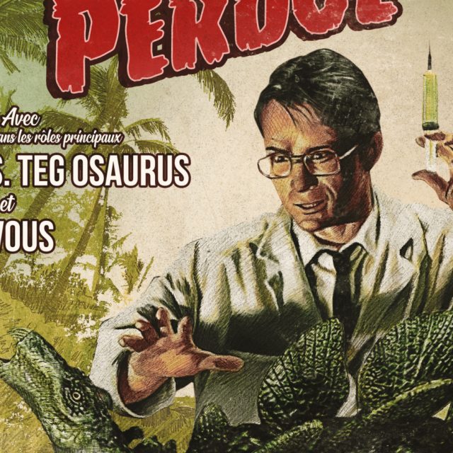 Affiche vintage d'aventurier en jungle avec dinosaure, thème exploration tropicale
