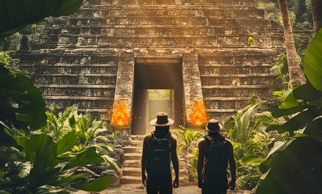 Deux silhouettes devant l'entrée d'une pyramide maya entourée de feuillages et de torches, salle Le temple maya à Limoges