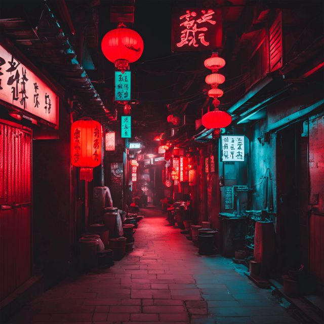 Ruelle chinoise nocturne éclairée de lanternes rouges et d'enseignes turquoise, salle Chinatown chez Studio Escape à Aubière