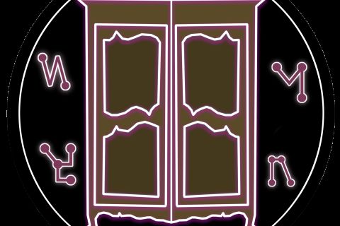 Pictogramme d'une armoire à deux portes et de runes roses dans un disque noir, salle L'armoire magique chez No escape